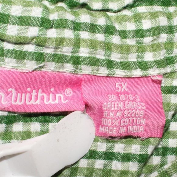 Woman Within Sz 5XL Green White Checkered Short Sleeve Button Down Casual Shirt - Picture 5 of 7